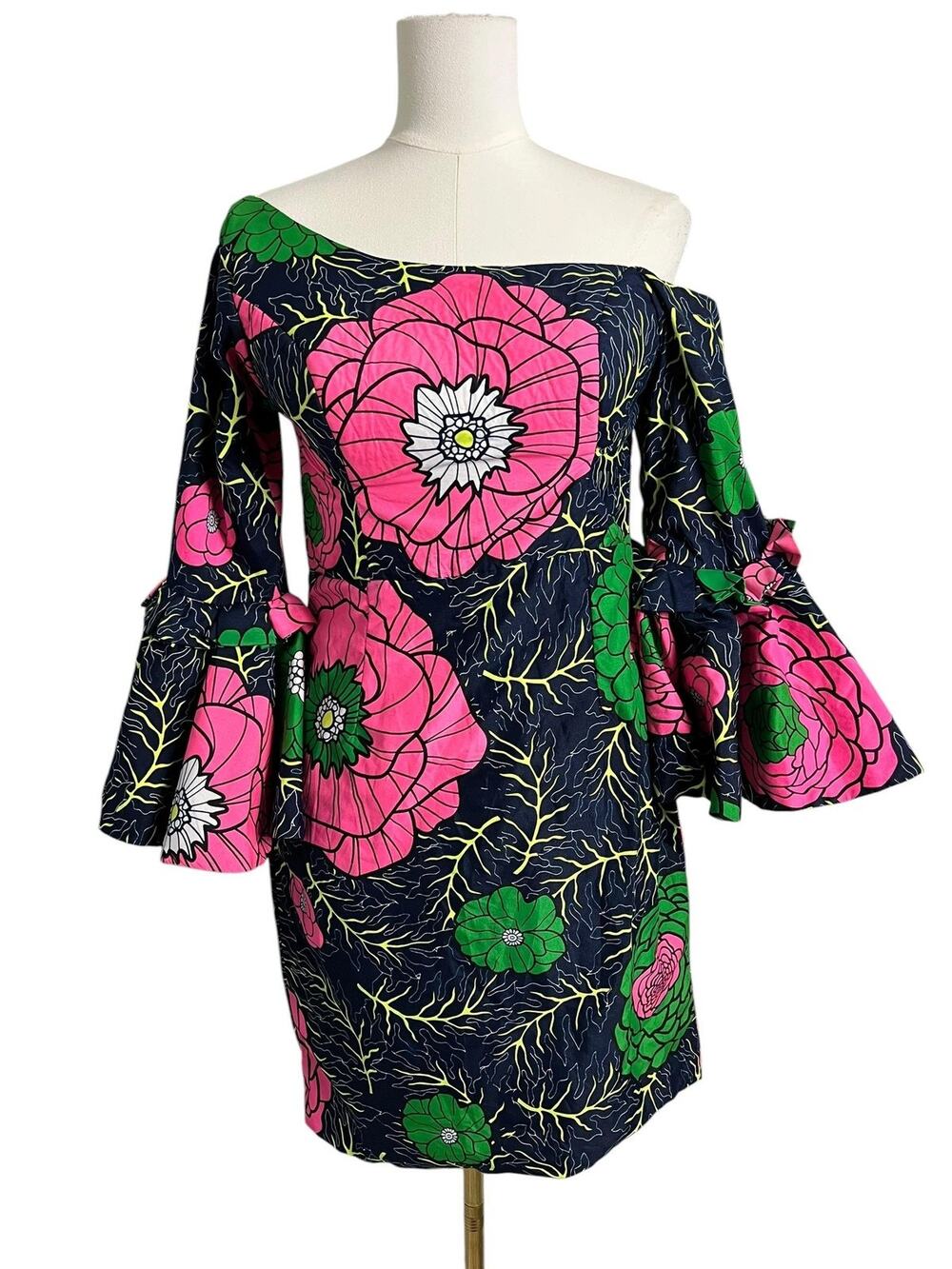 Handmade Hawaiian Floral Mini Dress Bell Sleeve Tropical Retro Fairy Small OOAK